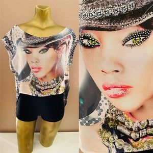 RIHANNA Fabulous NWOT Rhinestone SUBLIMATION Split Back TOP ONE-Size